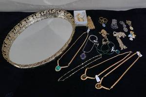 Assorted Necklaces and Mirrored Tray
