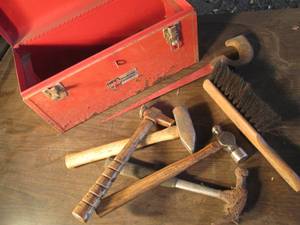 lot 161 image: Metal toolbox with several hammers,...