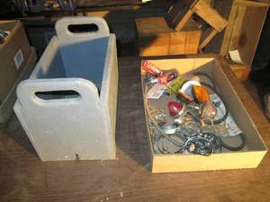 lot 182 image: Wooden toolbox with hose clamps, tr...