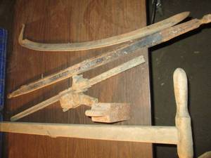 lot 226 image: Antique jack, weight, scythe blade ...