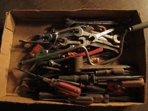 lot 229 image: Box with wrenches, screwdrivers, a ...
