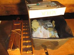 lot 354 image: Tote of crafty wood pieces and wood...