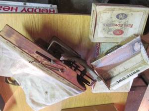 lot 90 image: Vintage hand seeder and cigar boxes...