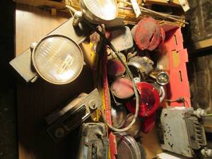 lot 112 image: 3 vintage AM car stereos, flood lam...
