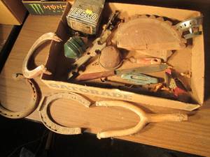 lot 116 image: Horse shoes, Zebco 202 reel, wood p...