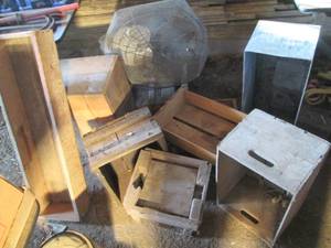 lot 126 image: Several wood crates, metal bin and ...