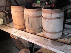 lot 557 image: 3 wood barrels 2  17 tall 12 rou...