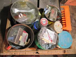 lot 623 image: Wood crate filled w misc hardware ...