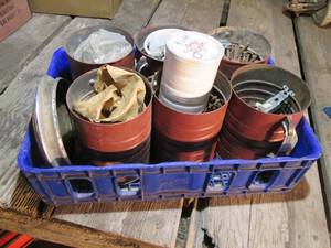 lot 621 image: Crate w coffee cans full of misc h...