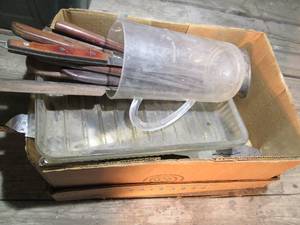 lot 605 image: Box w meat grinder parts and other...