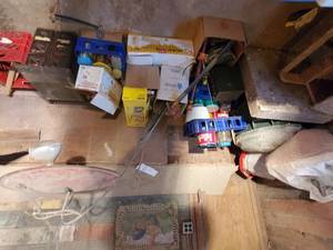 lot 477 image: Crates with misc hardware, hand saw...