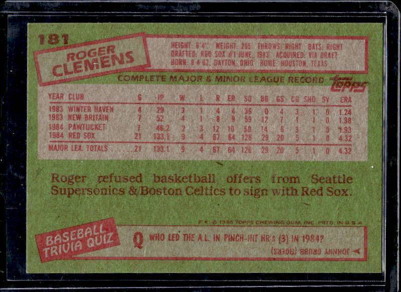 1985 Topps Roger Clemens Rookie #181