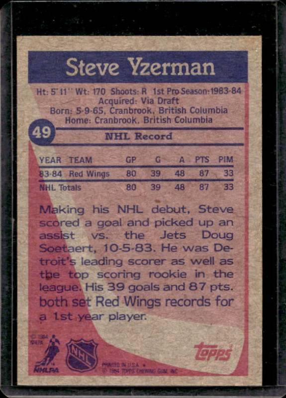 1984 Topps Steve Yzerman Rookie #49