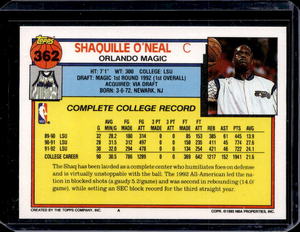 1992 Topps Shaquille ONeal Rookie Card #362