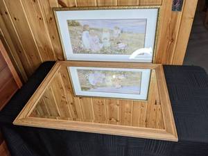 Wood Framed Mirror and Painted Picture of Children in a Field