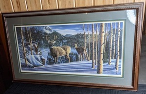 SignedNumbered FramedMatted Print of Winter Scene with Deer by Kim Norlien (1993)