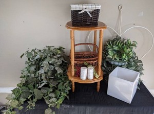 Beautiful Side Table, Basket, Pair of Artificial Plants, Large Decorative Heart, Nesting Baskets, & More
