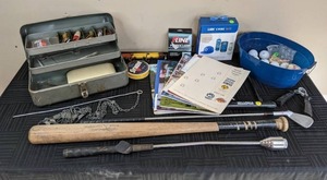 Assortment of Sporting Goods, Baseball Bat, Golf Club, Golf Balls, Tackle Box, 1991 Minnesota Basketball History Calendar, 2003 Saint St. Paul Yearbook and More