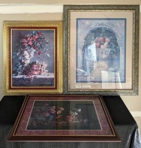 Set of (3) Beautiful Floral & Fruit Framed Art Pieces