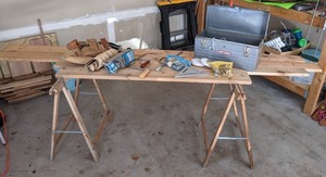 Pair of Wooden Sawhorses, Boards, Craftsman Toolbox, Carpenters Apron & Much Much More