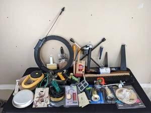 A Collection of Various Tools and Other Garage Items True Temper, Bungie, Paint Brushes, Fly Ribbon, Etc.
