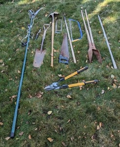 Outdoor Tools Tree Pruner Pole and Saw, Assorted Shovels, Post Hole Digger and More