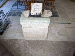 Contemporary Glass Topped Table with Stone Base