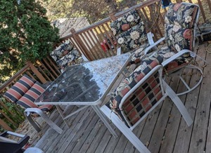 Glass-Topped Patio Table and End Table, (4) Patio Chairs, and (1) Lounger