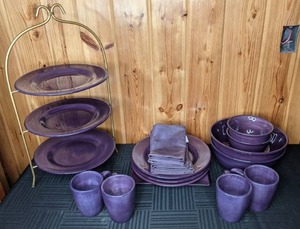 (15) Gorgeous Tabletops Gallery Unlimited Corsica Plum and Lavender Dishes and (6) Purple Sonoma Table Napkins