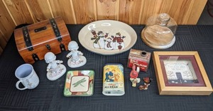 Decor Items Vintage All-Brand and Log Cabin Syrup Tins, Shadow Box, Glass Cloche, Precious Moments Figurines and More