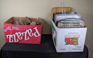 lot 75 image: (2) Boxes of Pots, Pans, Baking Sheets, and more