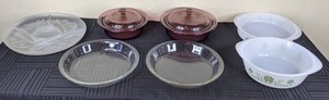 lot 57 image: Vintage Divided Frosted Glass Plate, Glass Bakeware by Pyrex, Vision-Corning, and Glasbake