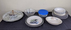 lot 63 image: Vintage Homer Laughlin Eggshell Nautilus, Beautiful ChromeGlass Serving Dish, Glass Bowl, Avon Wellness Food Chiller, Assorted Sets of Bowls and Plates