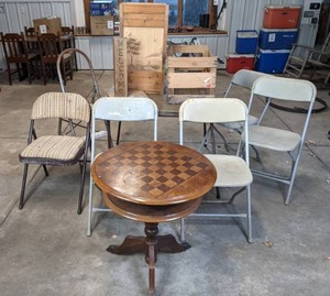 lot 101 image: Beautiful Wood Chess Table, Folding Chairs, Wood Cabinet Box, and more