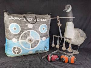 lot 35 image: Hunters Lot  Delta McKenzie Speed Bag Target, Goose Decoy, Steel Target Stand, (2) Pair Noise Cancelling Headphones