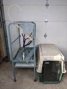 lot 37 image: Remington Pet Carrier and Large Metal Rolling Bird Cage Frame