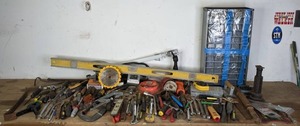 lot 21 image: Assortment of Tools Stanely Screwdrivers, C-Clamps, Level, 60 Compartment Organizer, Echo Nylon Line, & Much Much More