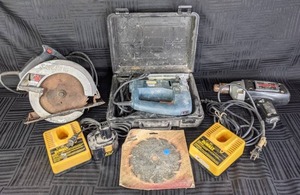 lot 22 image: Assortment of Tools DeWalt Charger, DeWalt Battery Pack, Skilsaw Circular Saw, Sears Craftsman Drill, Black & Decker Jig Saw, & More