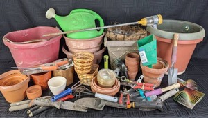 lot 24 image: Assortment of Gardening Tools, Pots, Digital Soil PH Meter, & More