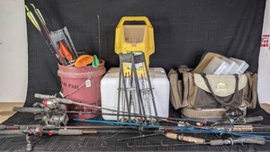lot 25 image: Assortment of Fishing Supplies (10) Fishing Rods, Plano Trolling Bait Bucket, Plano Tackle Systems Bag & Supplies, & More