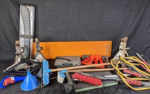 lot 27 image: Assortment of Vehicle Emergency Supplies Pair of Craftsman 3 Ton Jack Stands, Jumper Cables, Gorilla Ladders, & More