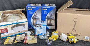 lot 28 image: Pair of Heath Zenith Motion Activated Outdoor Wall Sconce Lights, Patriot Lighting Flush Mount Indoor Light, Floor Lamp, & More