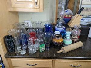 lot 132 image: Assortment of Clear, Blue, Red and Other Glass Jars and Vases
