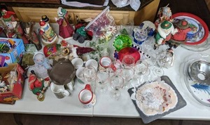 lot 119 image: Large Mixed Lot of Christmas Decor, Ornaments, Mugs, Glassware, Serving Pieces, Tins and More