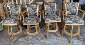 lot 10 image: Set of Four Swivel Wood Upholstered Bar Stools