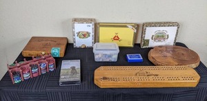 lot 130 image: Cribbage Boards, Poker Chip Holder and Chips, Magic Magicians Card Deck, Plastic Storage Container of Rocks and More