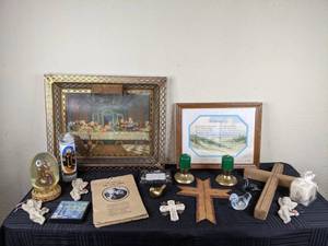 lot 90 image: A Collection of Religious Items including Candles, The Last Supper Photo, Crosses and More