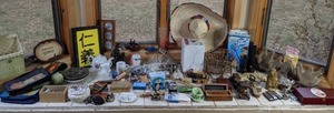 lot 128 image: Vintage Iron, Harmonicas, Silver Baby Rattle, Embroidered Items, Sombrero, Hummingbird Feeders, and Much More