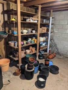 lot 133 image: Large Assortment of Wood, Plastic and Ceramic Planters, Woven Wicker Baskets, Pathway Lights and More