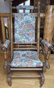 lot 110 image: Vintage Rolling Wooden Chair with Fabric Seat, Back, Armrests and Headrest